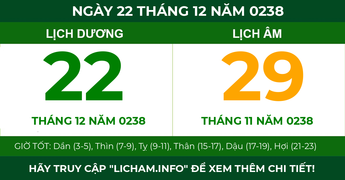 lịch âm ngày 22 tháng 12 năm 0238