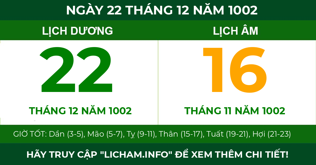 lịch âm ngày 22 tháng 12 năm 1002