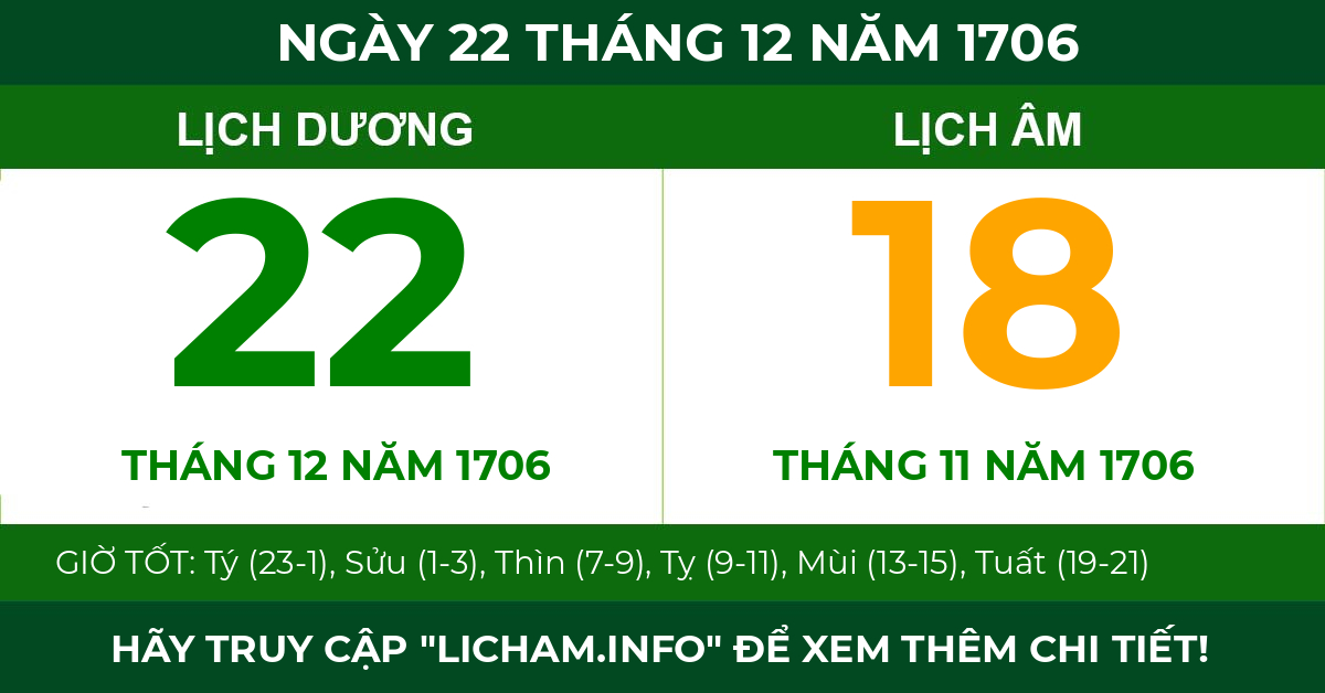 lịch âm ngày 22 tháng 12 năm 1706
