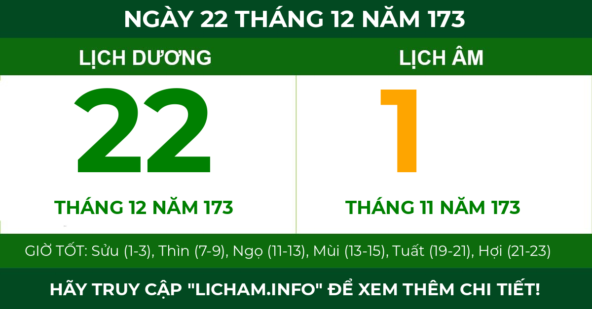 lịch âm ngày 22 tháng 12 năm 173