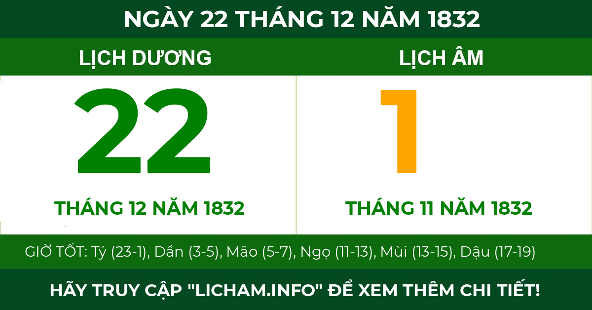 lịch âm ngày 22 tháng 12 năm 1832