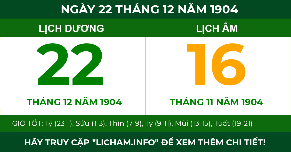 lịch âm ngày 22 tháng 12 năm 1904