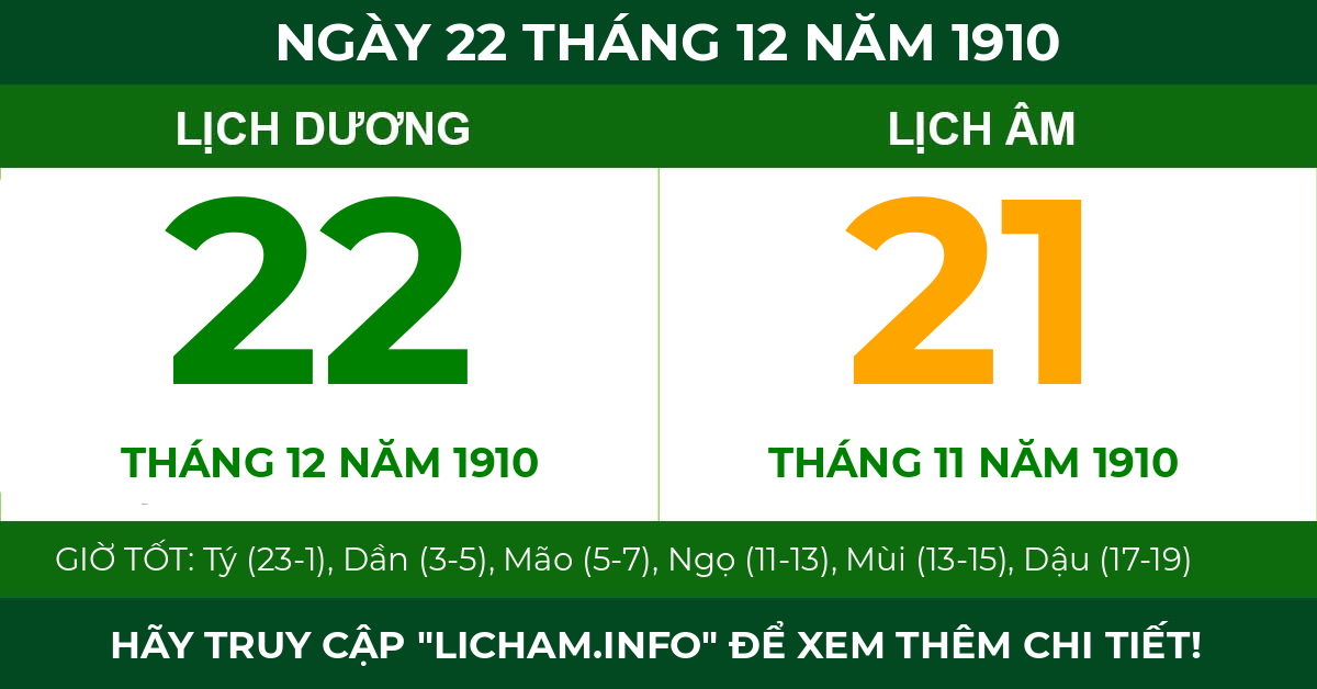 lịch âm ngày 22 tháng 12 năm 1910