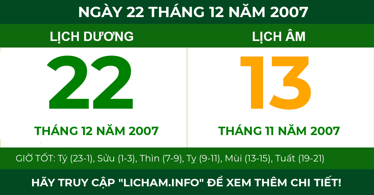 lịch âm ngày 22 tháng 12 năm 2007