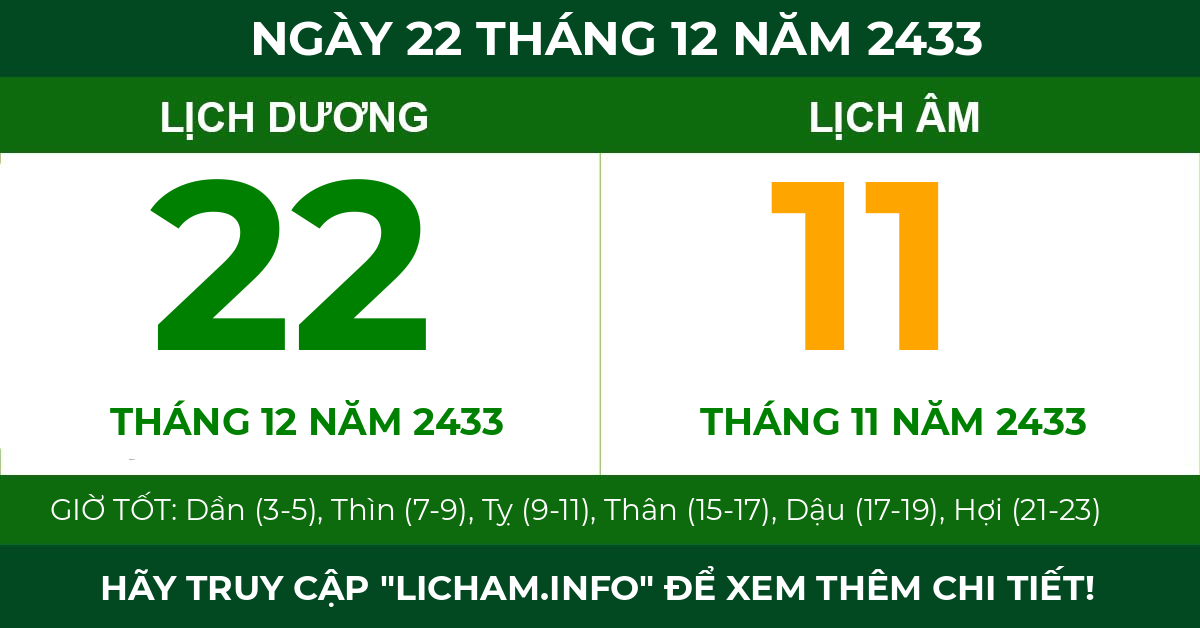 lịch âm ngày 22 tháng 12 năm 2433