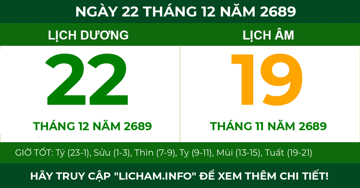 lịch âm ngày 22 tháng 12 năm 2689