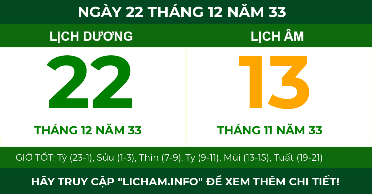 lịch âm ngày 22 tháng 12 năm 33