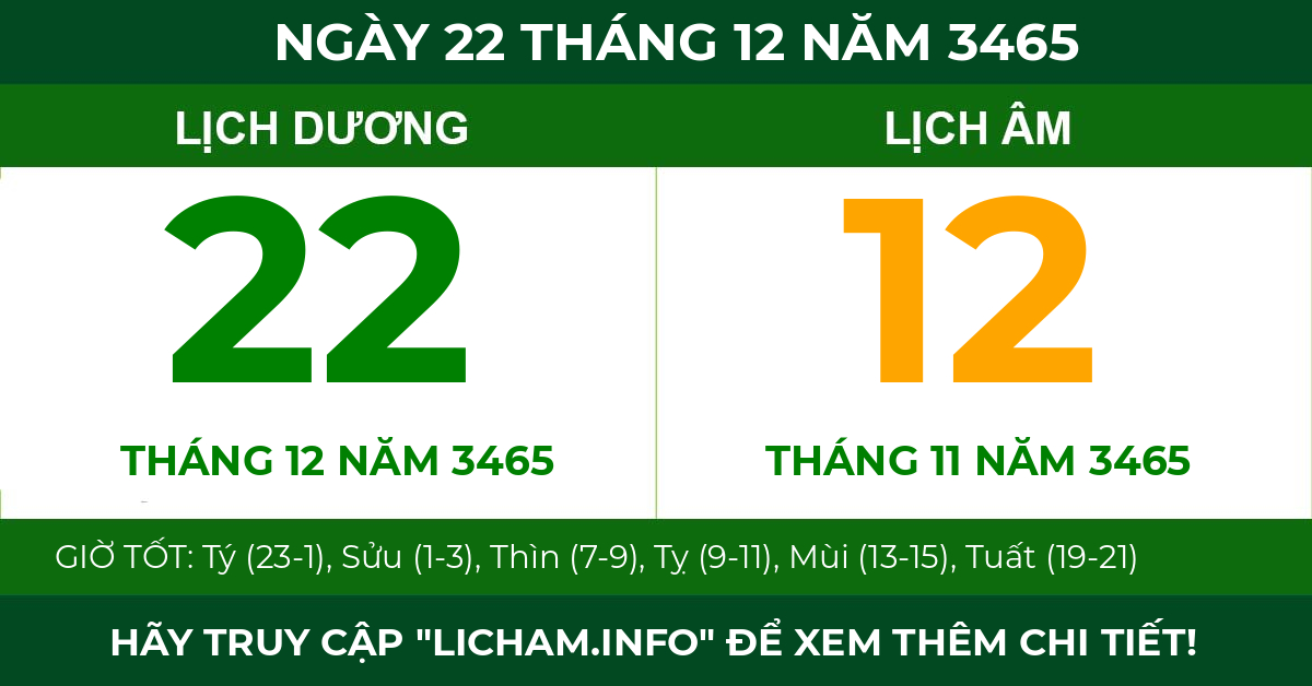 lịch âm ngày 22 tháng 12 năm 3465