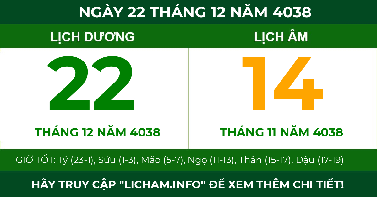 lịch âm ngày 22 tháng 12 năm 4038