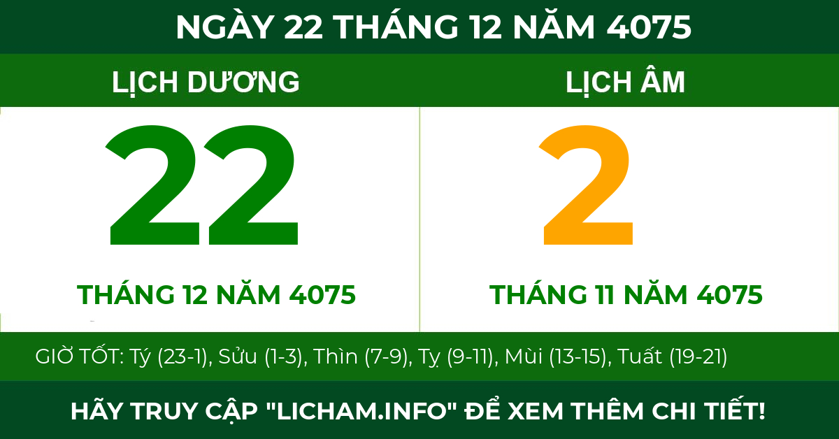 lịch âm ngày 22 tháng 12 năm 4075