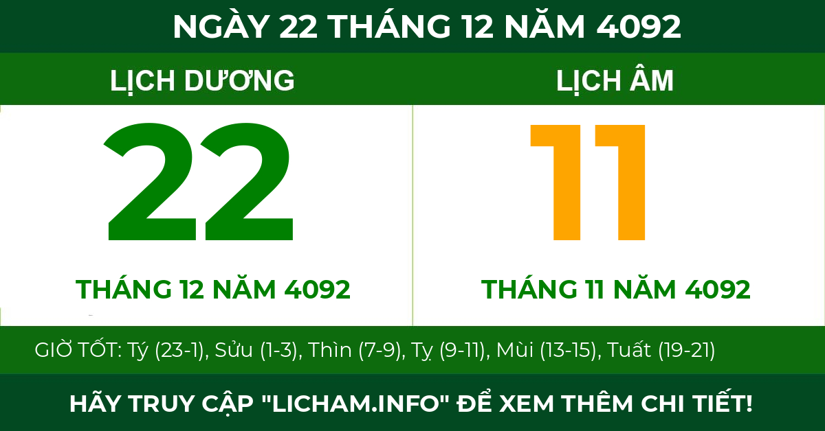 lịch âm ngày 22 tháng 12 năm 4092