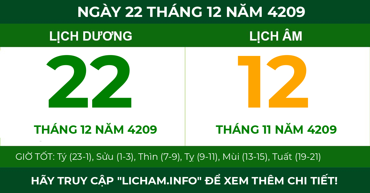 lịch âm ngày 22 tháng 12 năm 4209