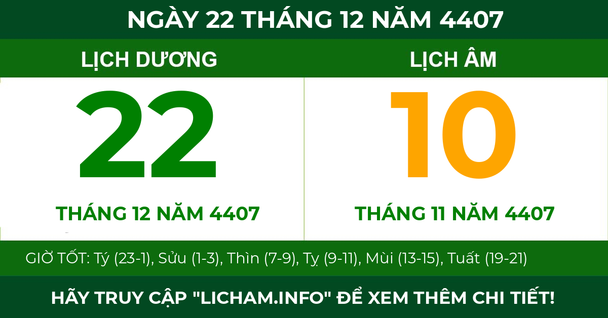lịch âm ngày 22 tháng 12 năm 4407