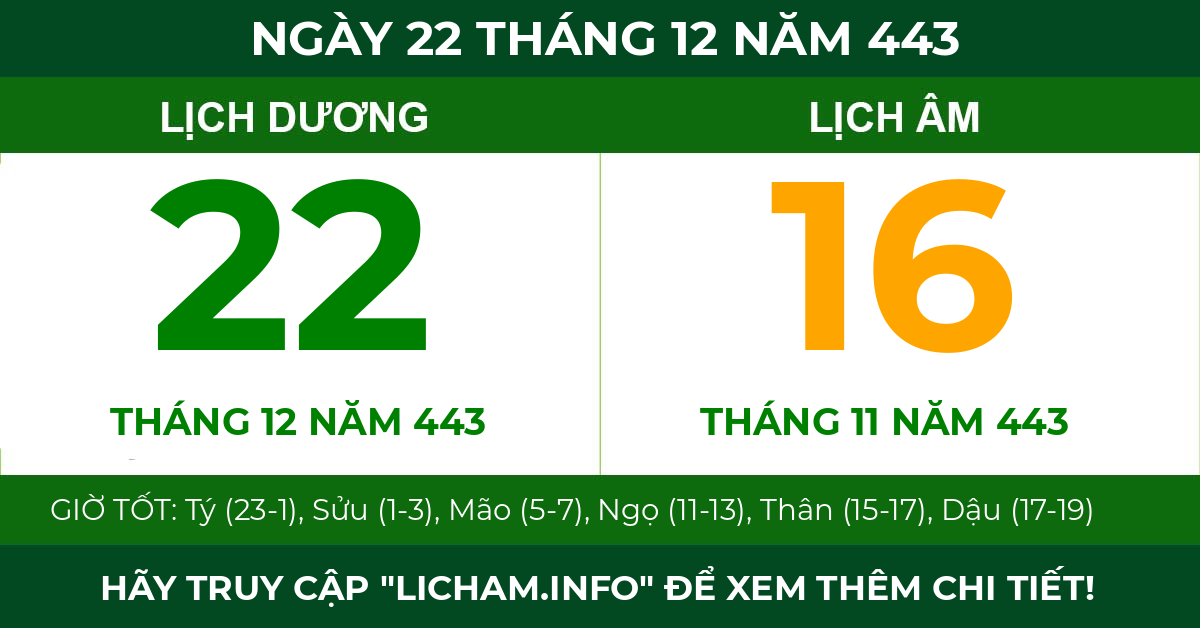 lịch âm ngày 22 tháng 12 năm 443