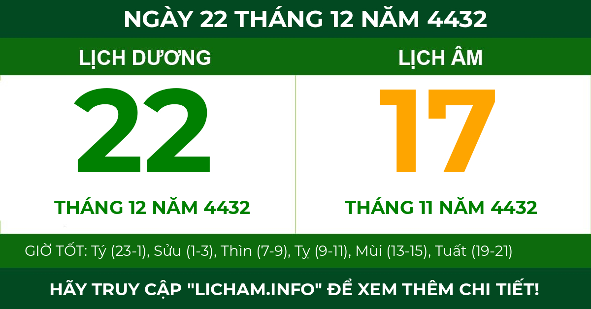 lịch âm ngày 22 tháng 12 năm 4432