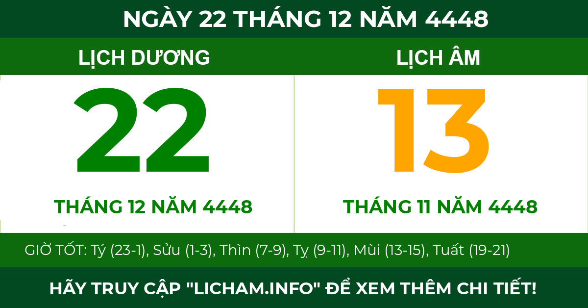 lịch âm ngày 22 tháng 12 năm 4448
