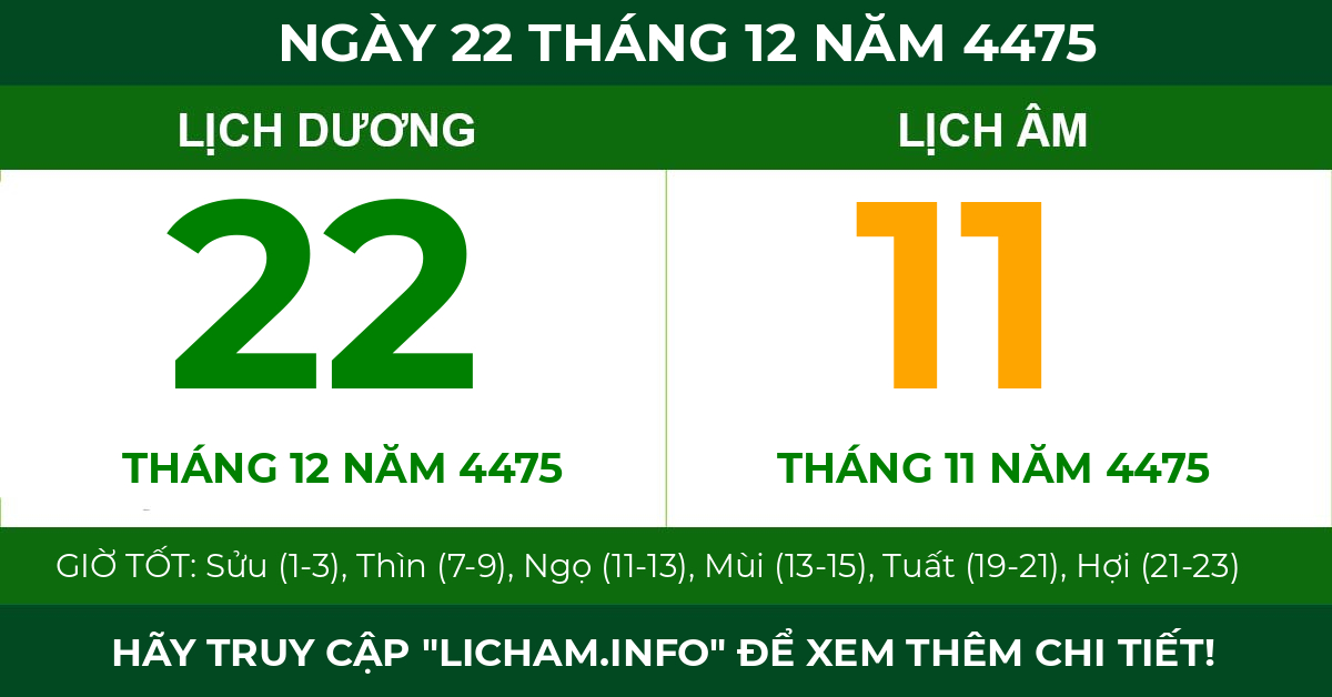 lịch âm ngày 22 tháng 12 năm 4475
