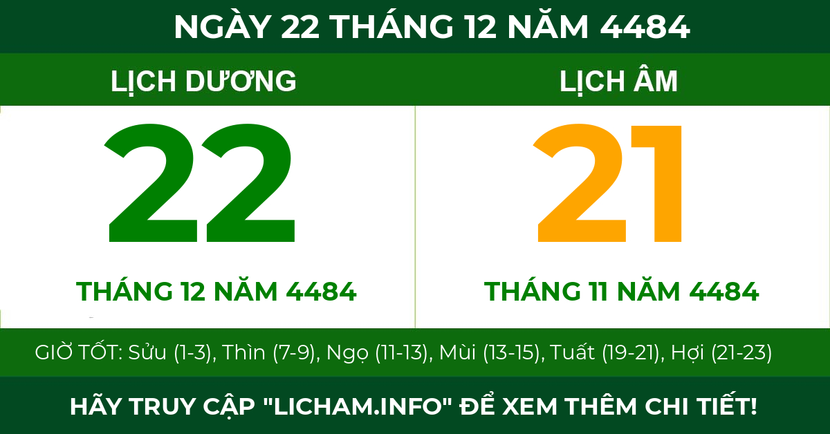 lịch âm ngày 22 tháng 12 năm 4484