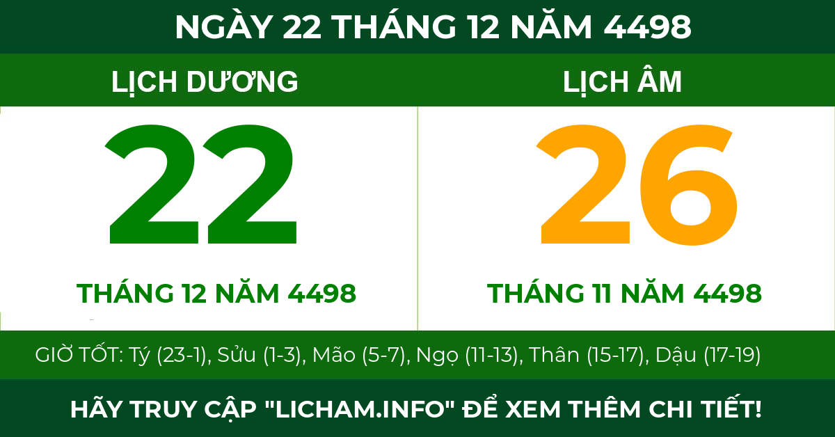 lịch âm ngày 22 tháng 12 năm 4498