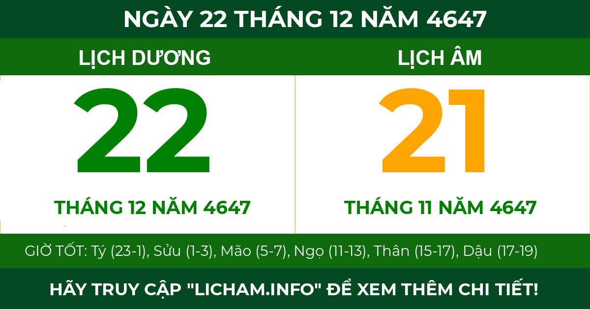 lịch âm ngày 22 tháng 12 năm 4647
