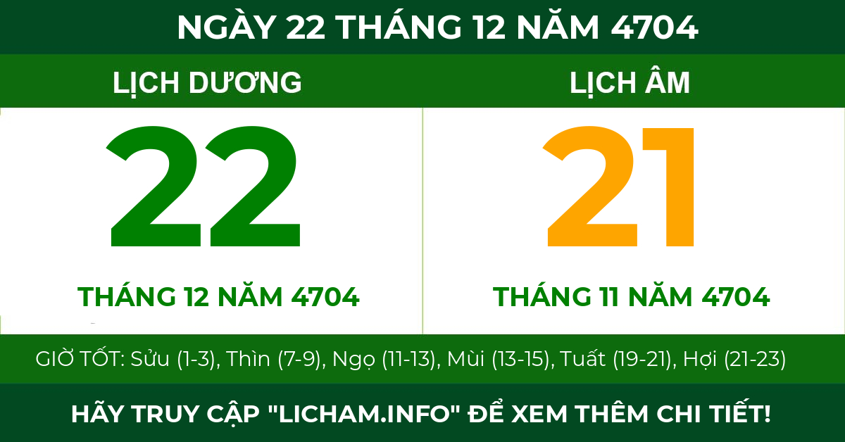 lịch âm ngày 22 tháng 12 năm 4704
