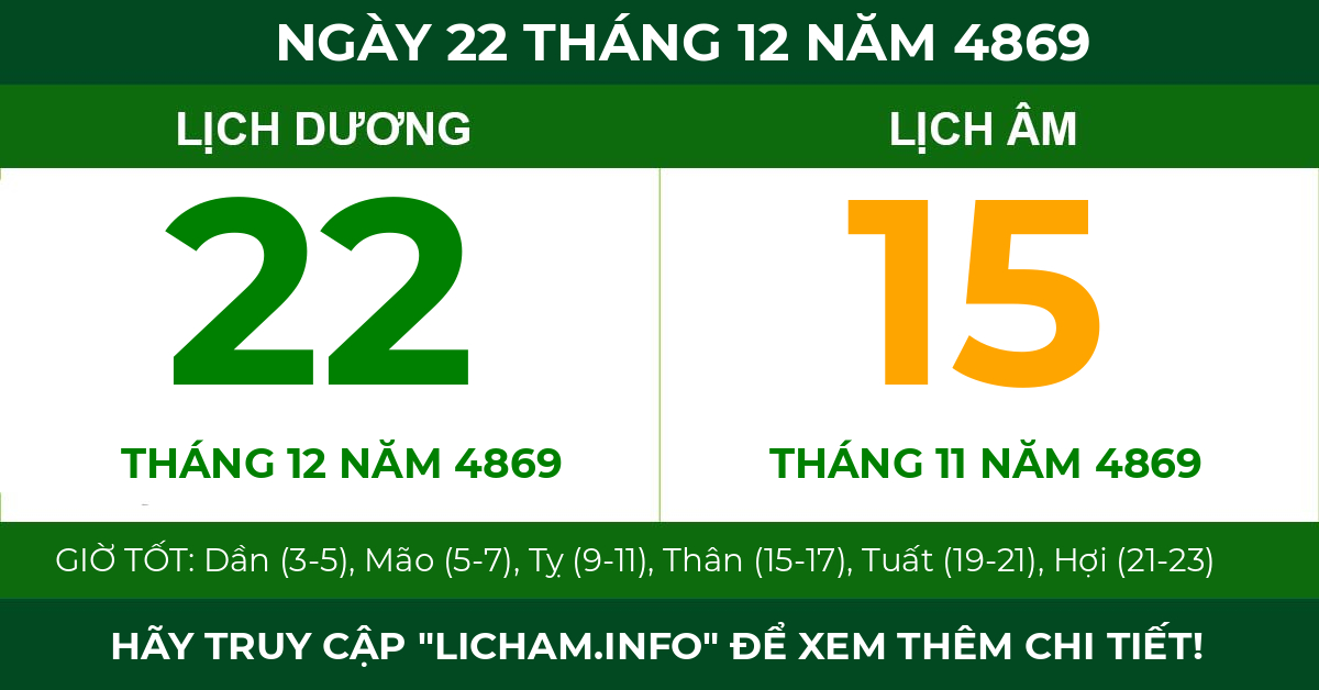 lịch âm ngày 22 tháng 12 năm 4869