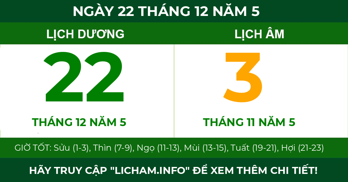 lịch âm ngày 22 tháng 12 năm 5