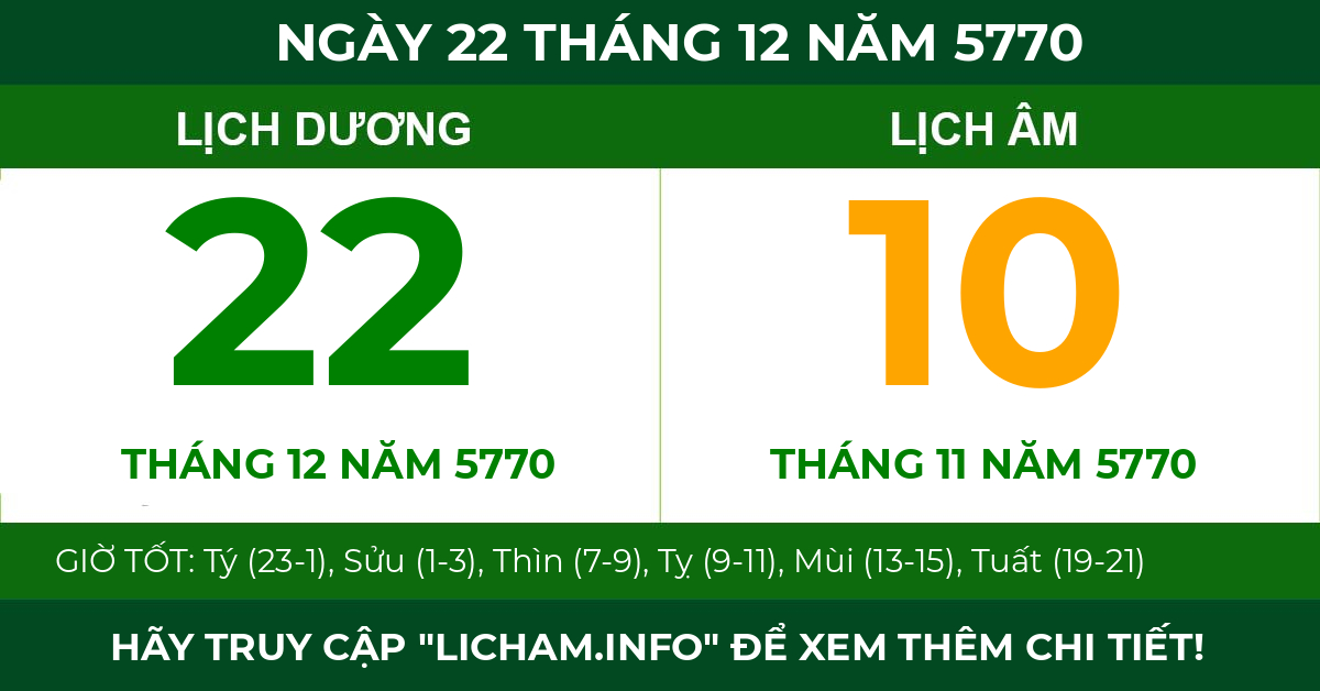 lịch âm ngày 22 tháng 12 năm 5770