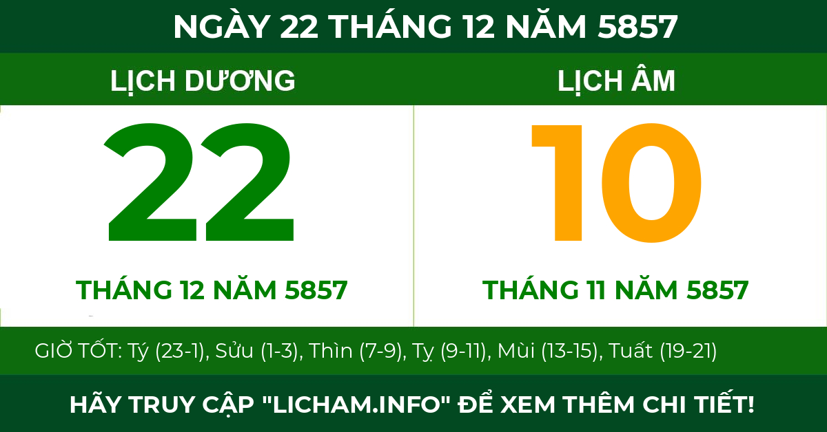 lịch âm ngày 22 tháng 12 năm 5857