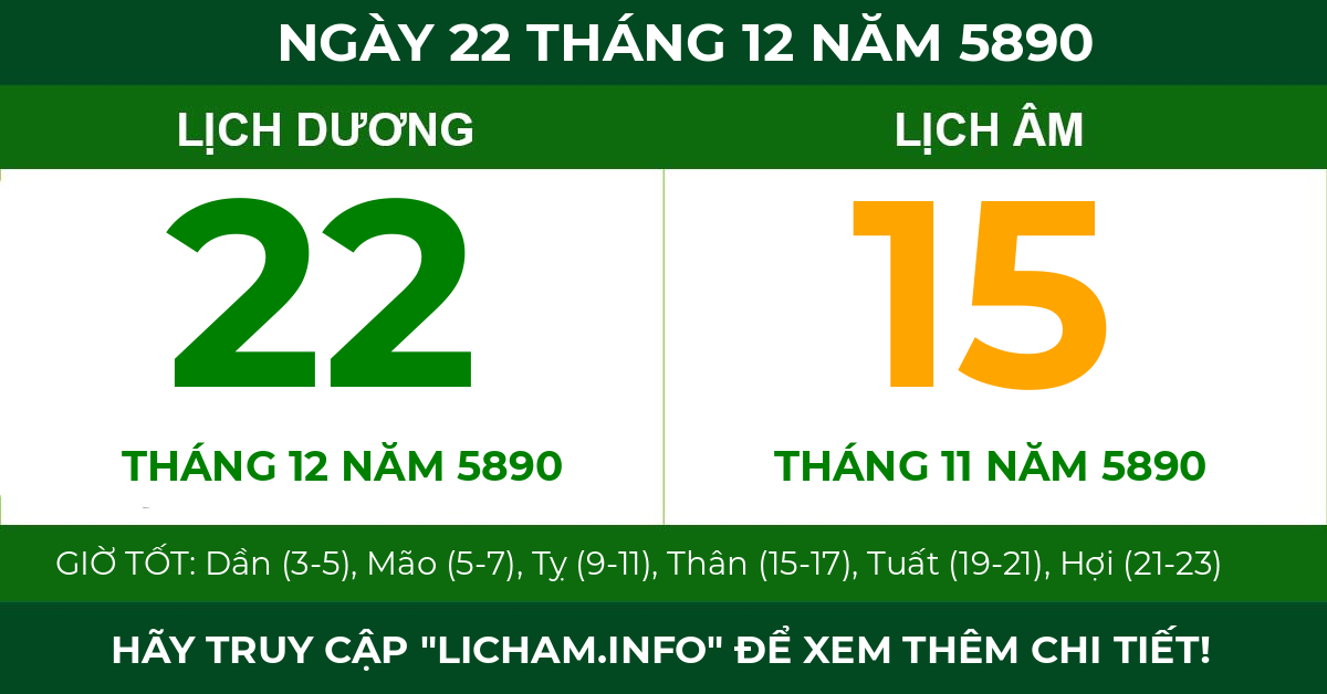 lịch âm ngày 22 tháng 12 năm 5890
