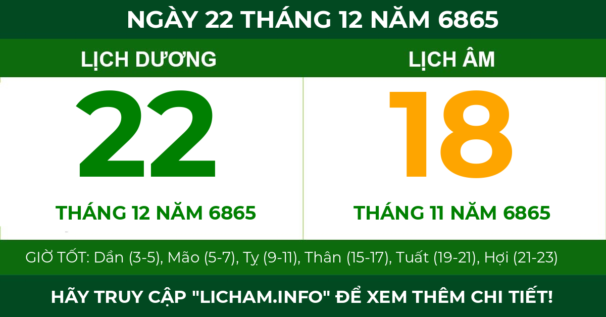 lịch âm ngày 22 tháng 12 năm 6865