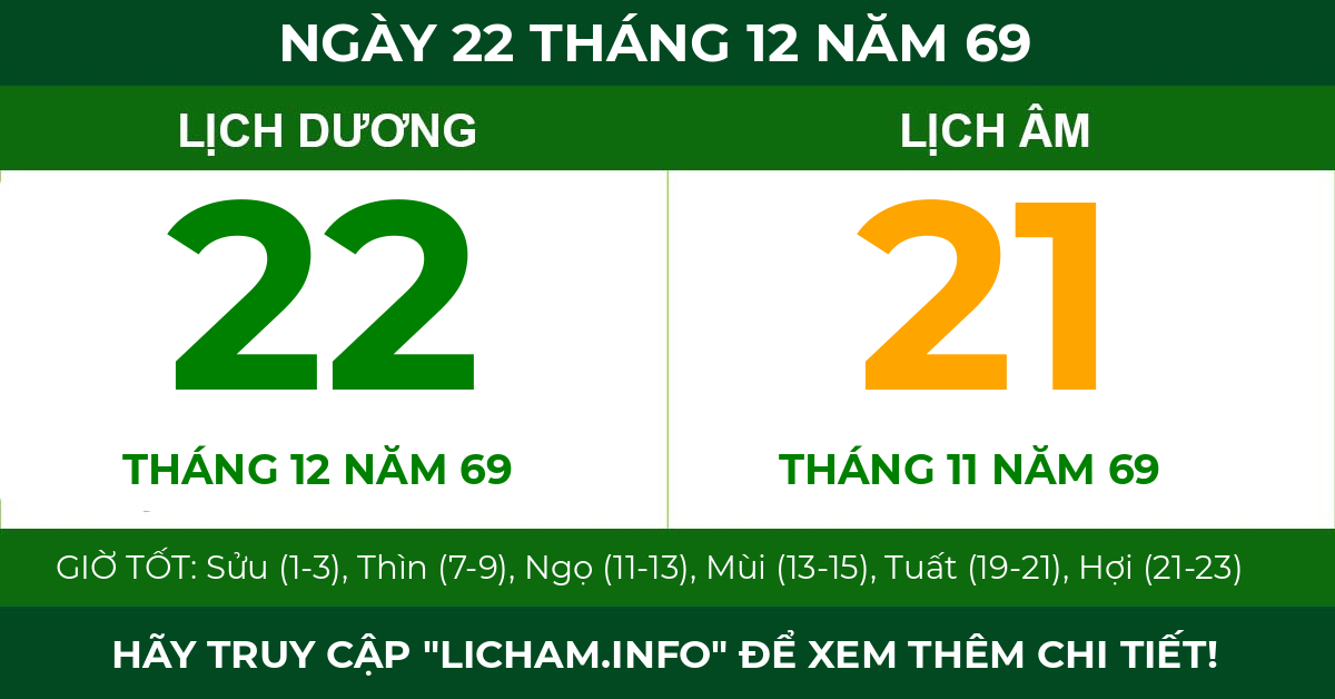 lịch âm ngày 22 tháng 12 năm 69