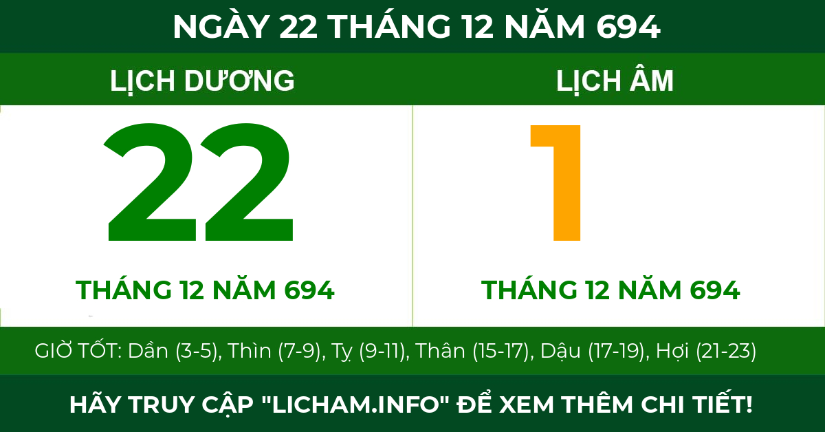 lịch âm ngày 22 tháng 12 năm 694