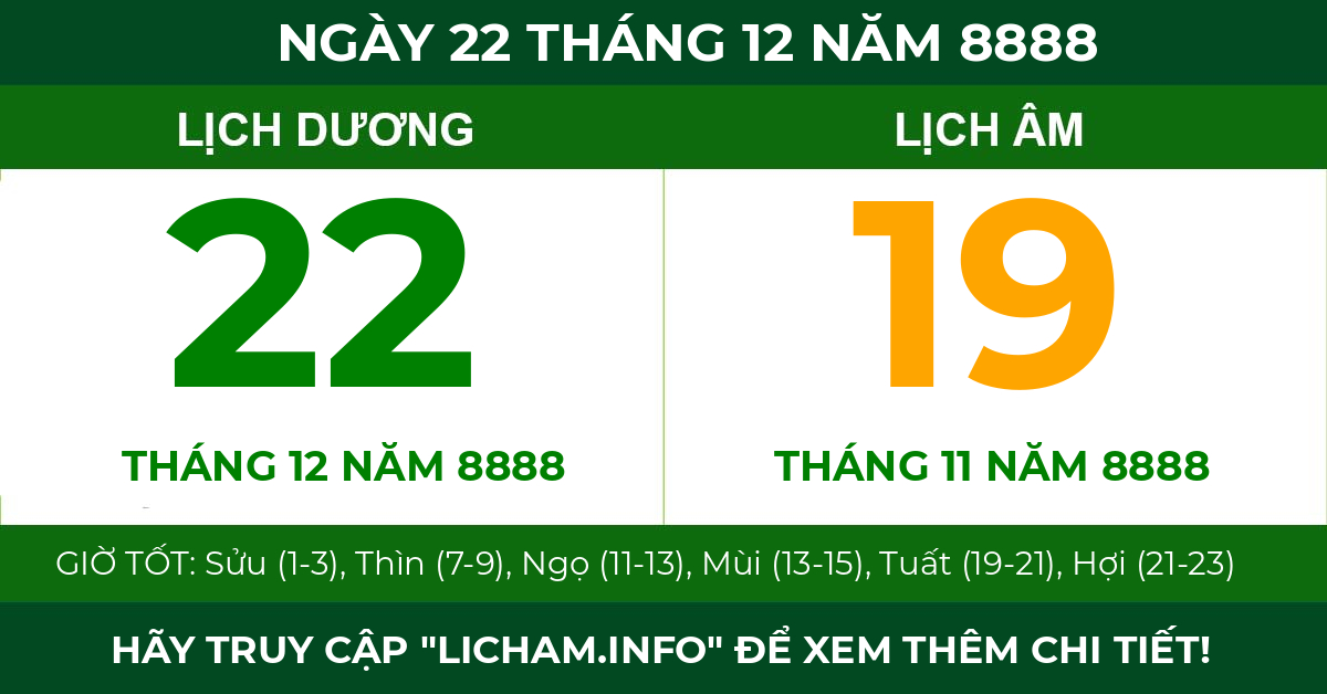 lịch âm ngày 22 tháng 12 năm 8888