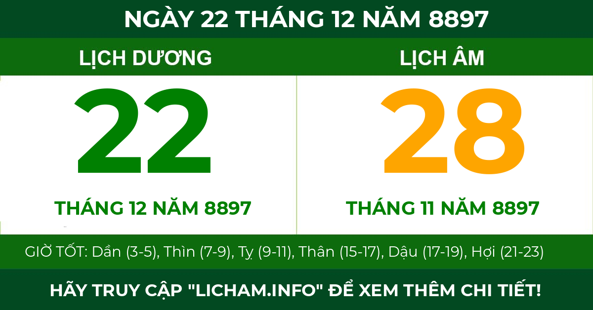 lịch âm ngày 22 tháng 12 năm 8897