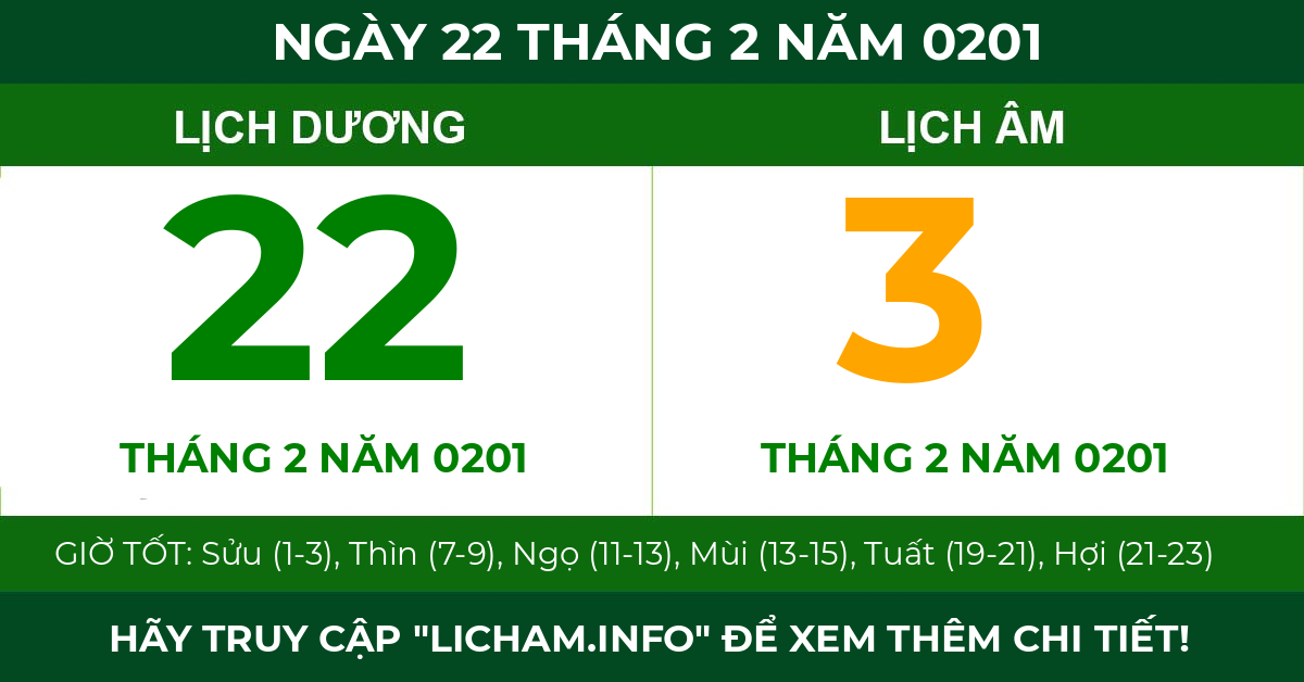 lịch âm ngày 22 tháng 2 năm 0201