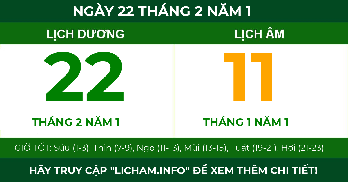 lịch âm ngày 22 tháng 2 năm 1
