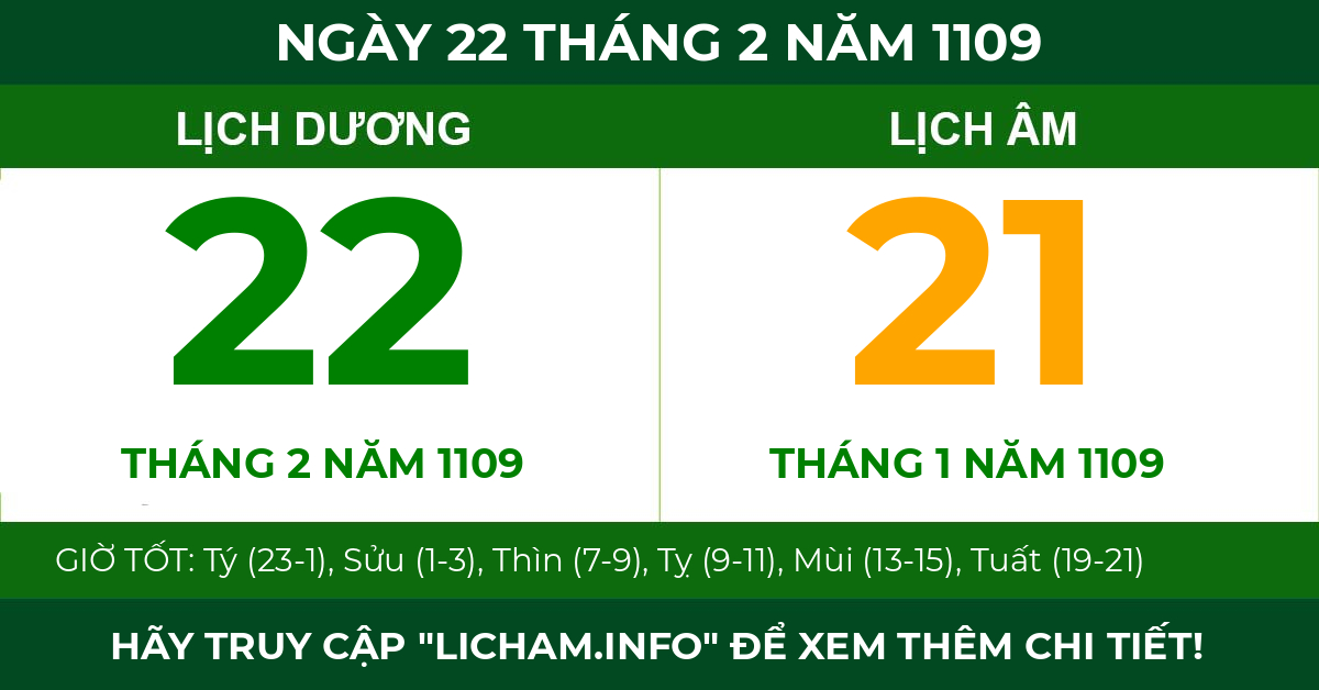 lịch âm ngày 22 tháng 2 năm 1109