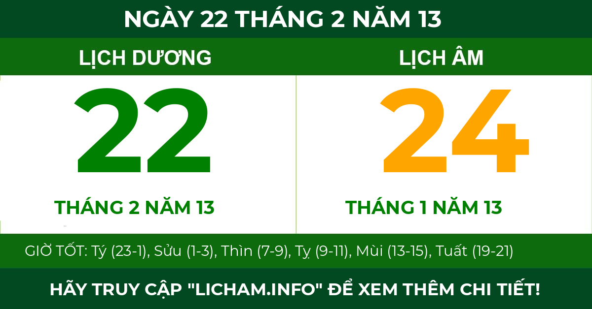 lịch âm ngày 22 tháng 2 năm 13