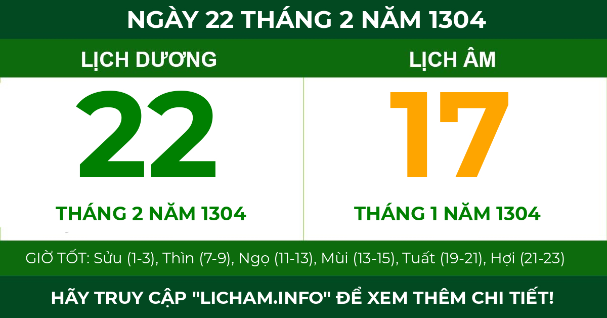 lịch âm ngày 22 tháng 2 năm 1304