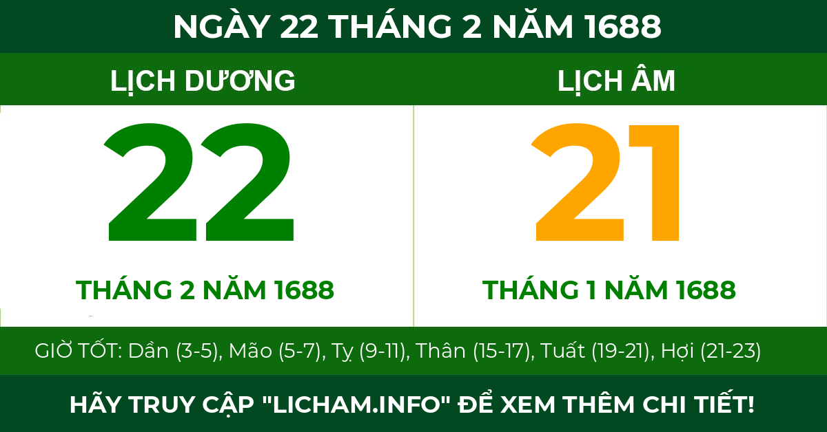 lịch âm ngày 22 tháng 2 năm 1688