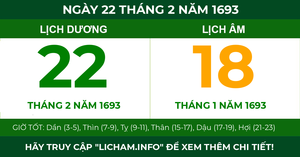 lịch âm ngày 22 tháng 2 năm 1693