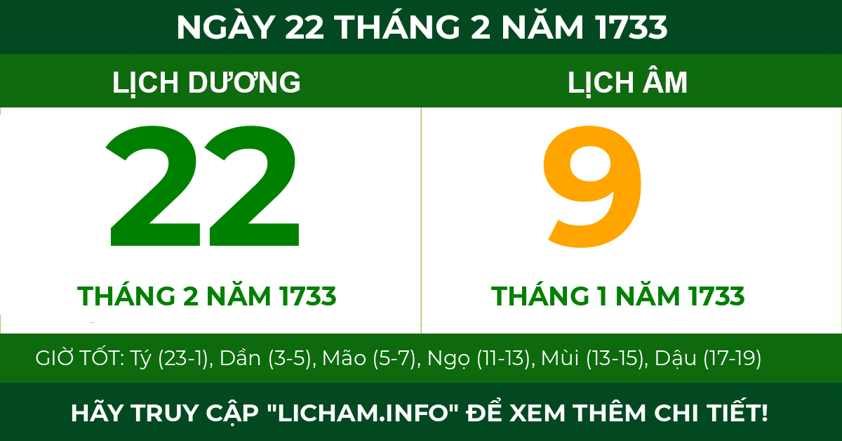 lịch âm ngày 22 tháng 2 năm 1733