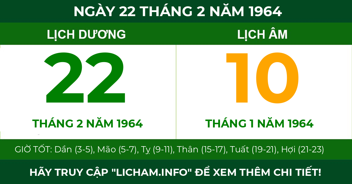 lịch âm ngày 22 tháng 2 năm 1964