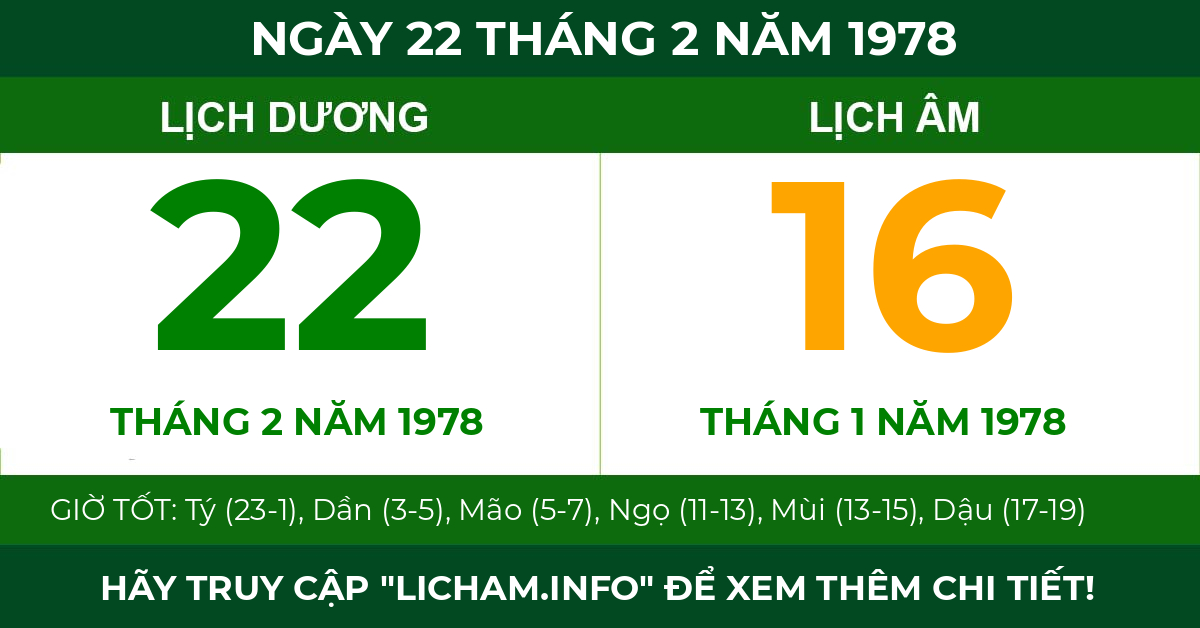 lịch âm ngày 22 tháng 2 năm 1978