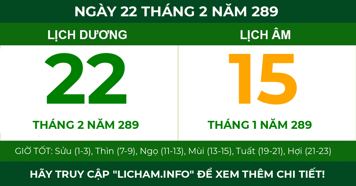 lịch âm ngày 22 tháng 2 năm 289