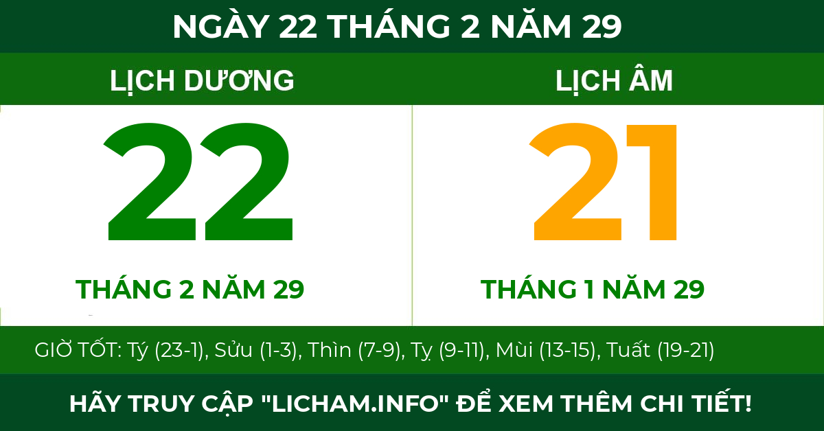 lịch âm ngày 22 tháng 2 năm 29