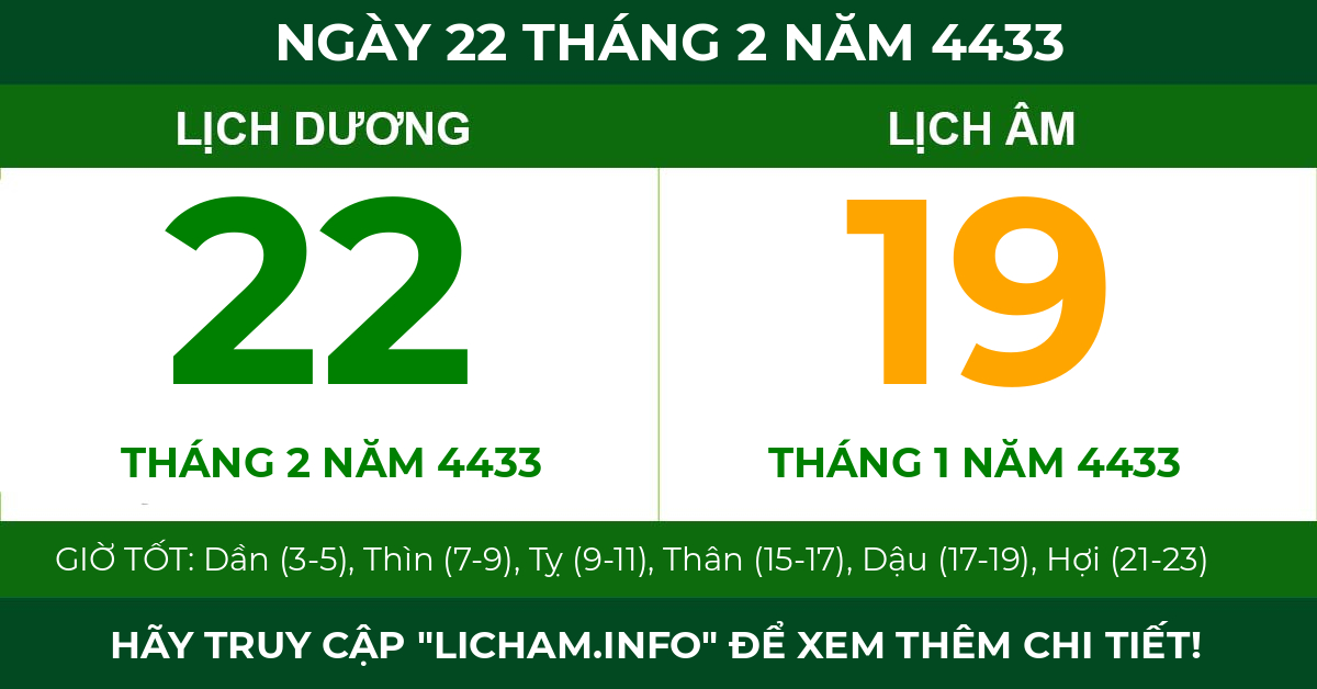lịch âm ngày 22 tháng 2 năm 4433