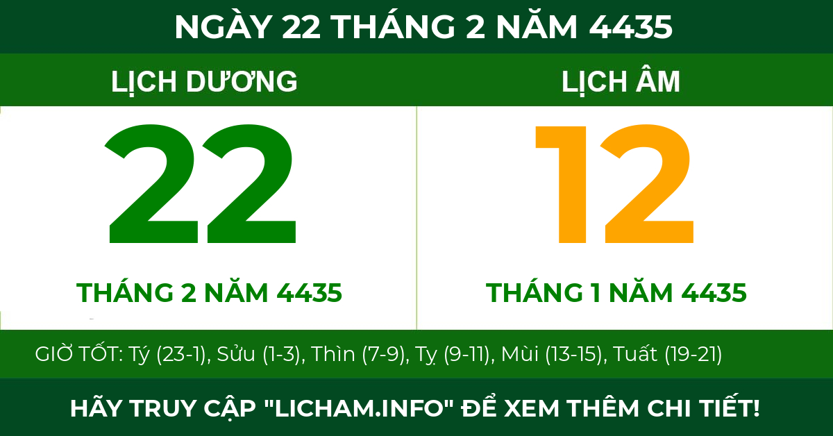 lịch âm ngày 22 tháng 2 năm 4435