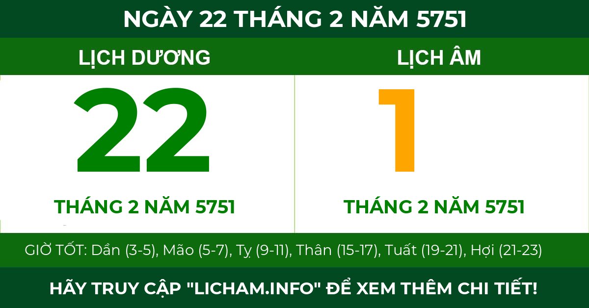 lịch âm ngày 22 tháng 2 năm 5751